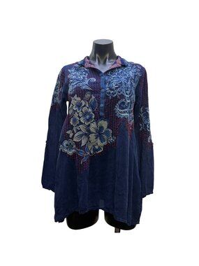 Johnny Was Blue Embroidered Floral Tunic Blouse With Red Accents XS